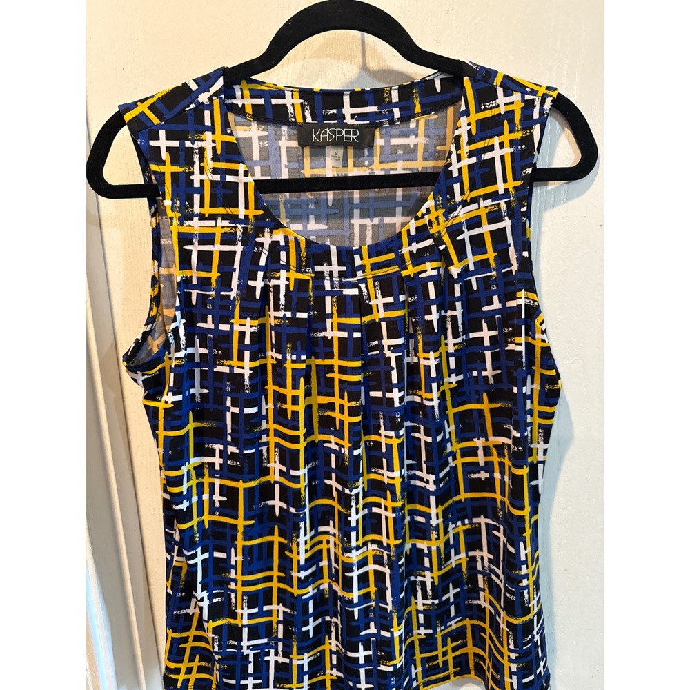 Kasper Womens Blue Yellow White Geometric Sleeveless Pleat Neck Blouse Size M